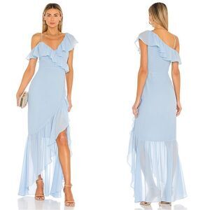 NWT Lovers + Friends Karen Maxi Blue Dress Sheer Asymmetrical Size S